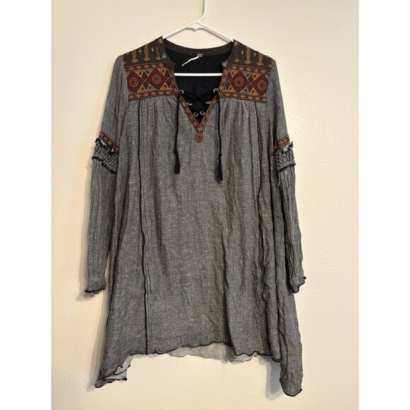Free People Dress Women's XS Gray Aztec Embroidered Southwestern - Picture 1 of 6